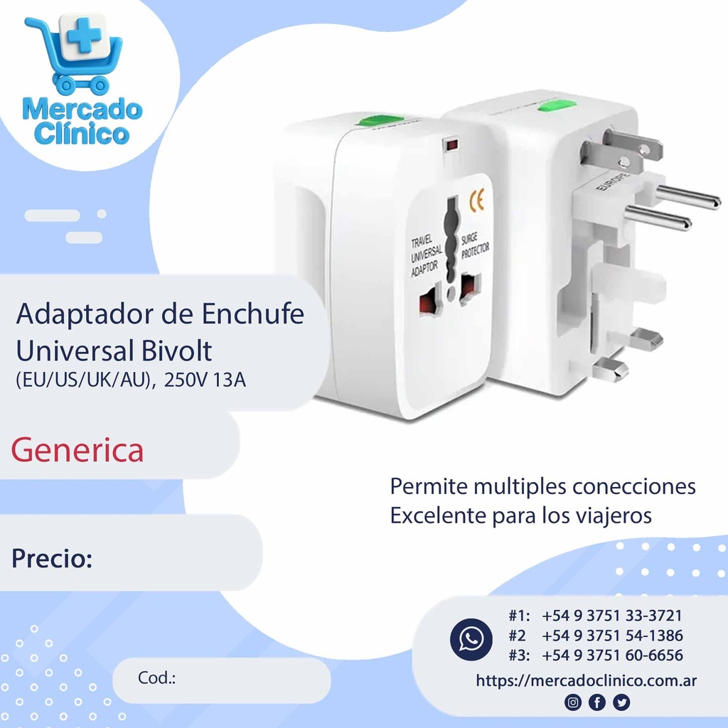 Adaptador de Enchufe  Universal Bivolt  (EU/US/UK/AU),  250V 13A - Generica